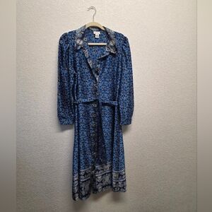 Nicole Miller Belted Navy Floral Paisley Long Sleeve Button-down Dress Size 14